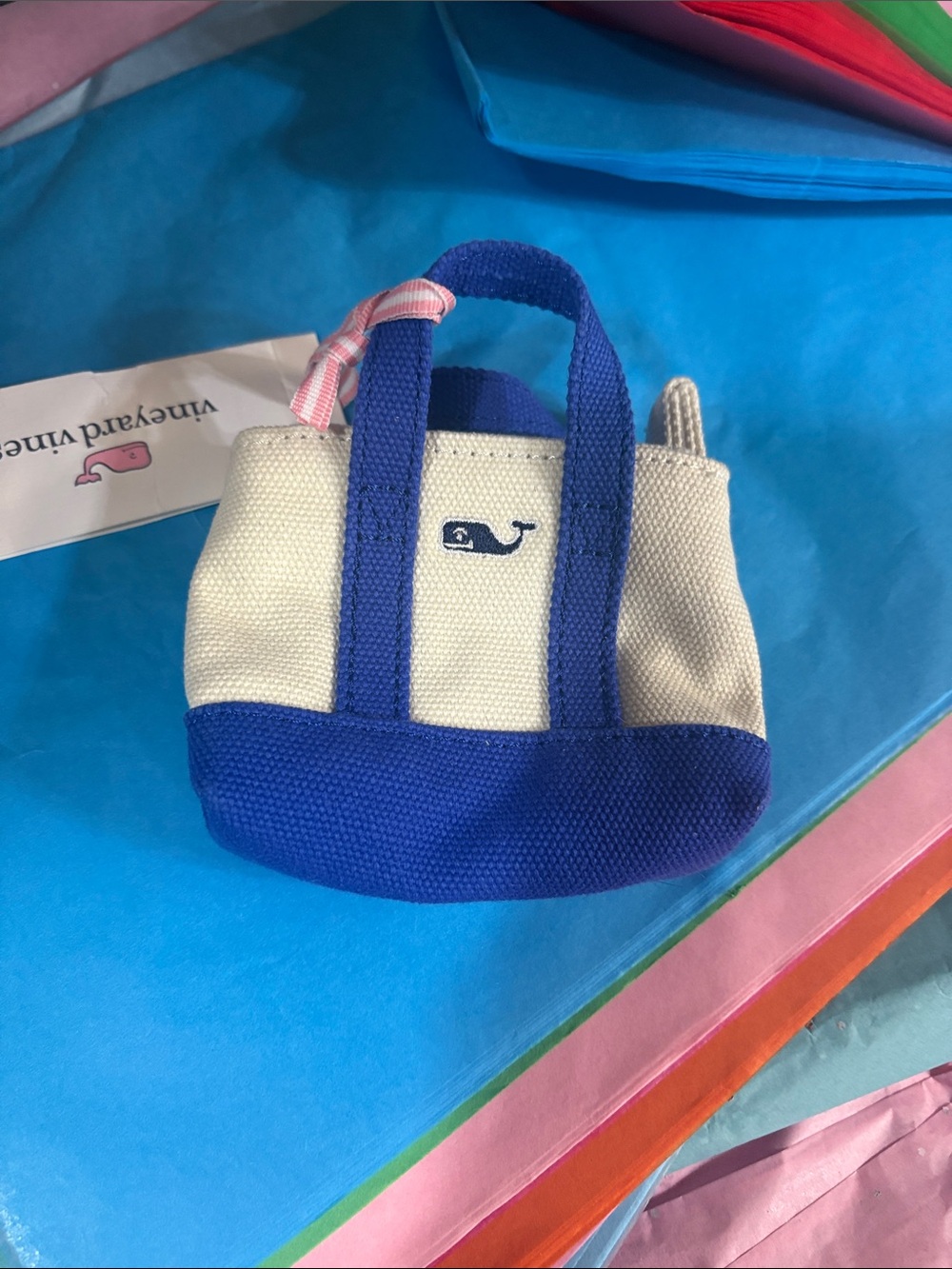 NWT Vineyard Vines Kids Blue & Cream Mini Canvas Tote Keychain